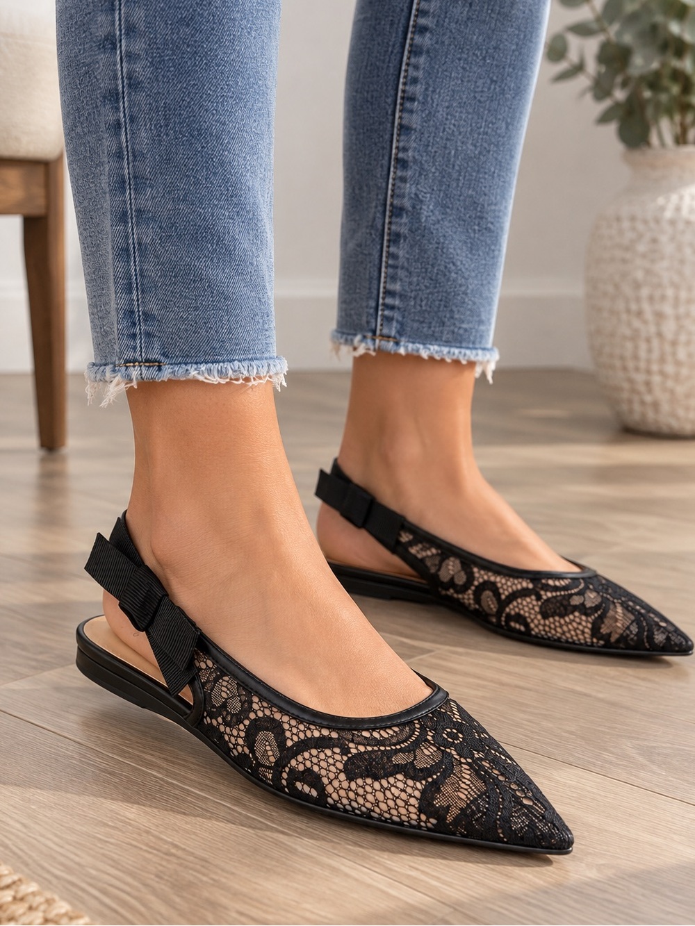 LONDON Lace Sling Back Bow Flats - A New Day Black